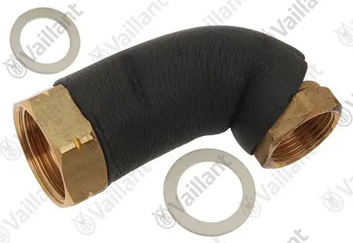 Kupferne Rohrbiegung mit schwarzer Isolierung und zwei Gewindeanschlüssen, umgeben von zwei Dichtungsringen. Vaillant Produkt.